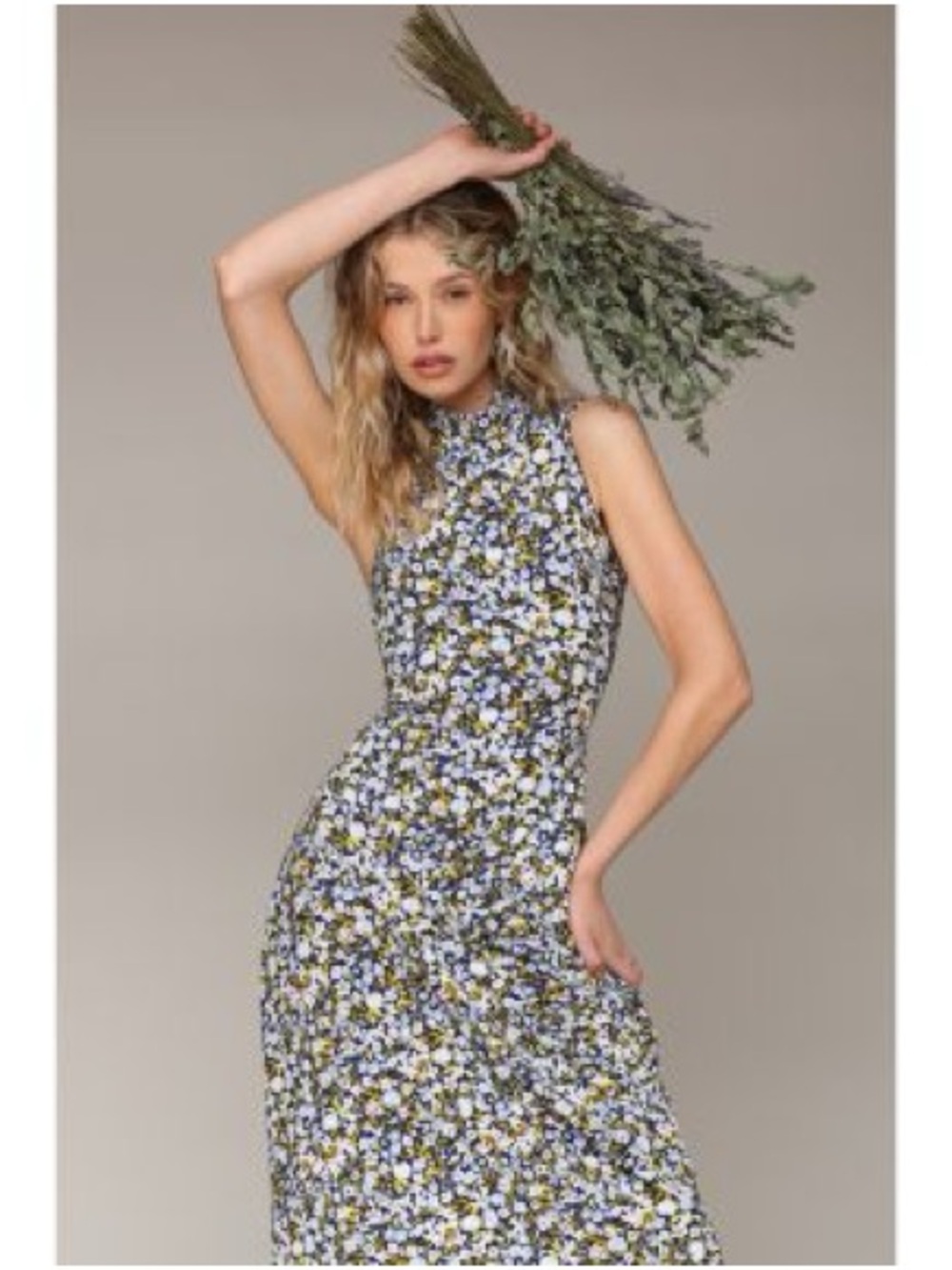 Avec Les Filles printed Blue and White Floral Mock Neck Asymmetrical Midi Dress